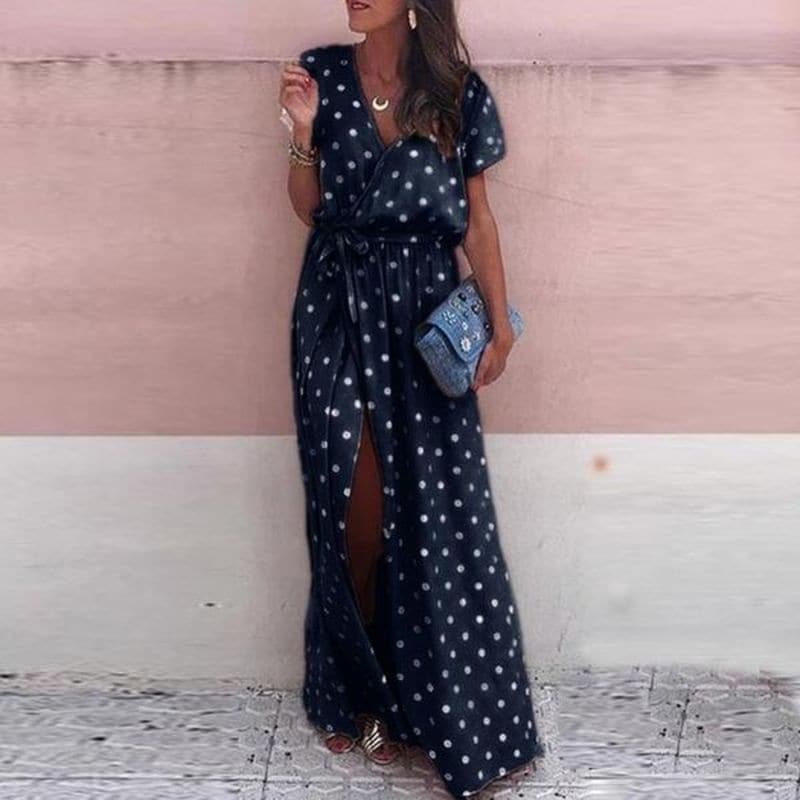 Robe longue femme – Coupe fluide – Style portefeuille – Pois – Ceinture à nouer – Fente élégante – Col en V