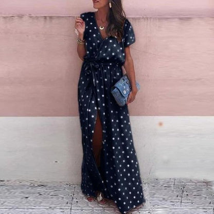 Robe longue femme – Coupe fluide – Style portefeuille – Pois – Ceinture à nouer – Fente élégante – Col en V