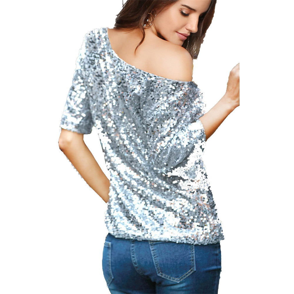 Women's off-the-shoulder top – Loose fit – Mid-length sleeves – Sequin fabric