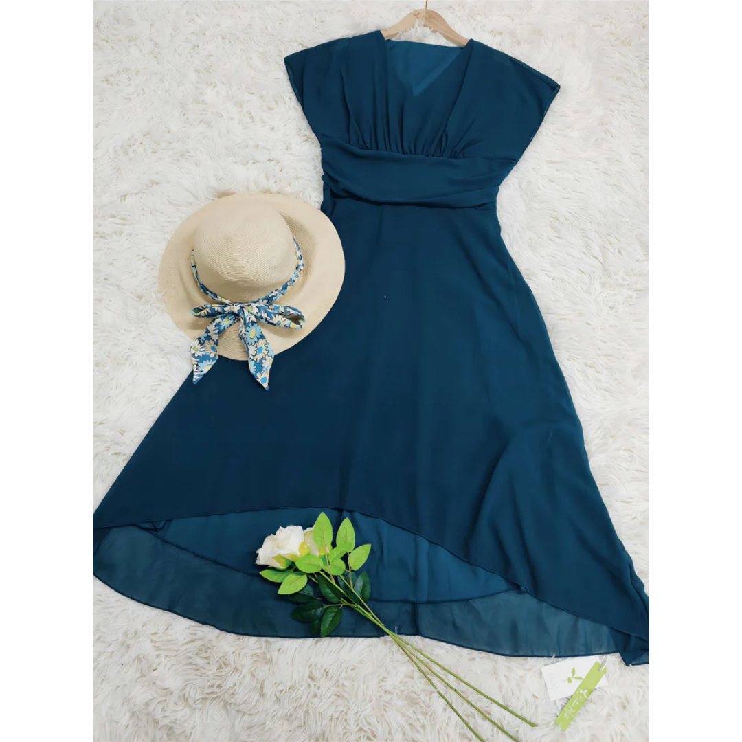 Robe midi femme – Coupe évasée – Tissu fluide – Manches volantées – Col en V