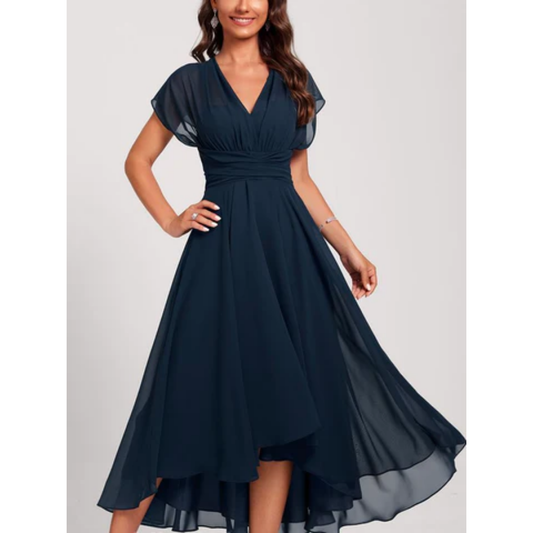 Robe midi femme – Coupe évasée – Tissu fluide – Manches volantées – Col en V