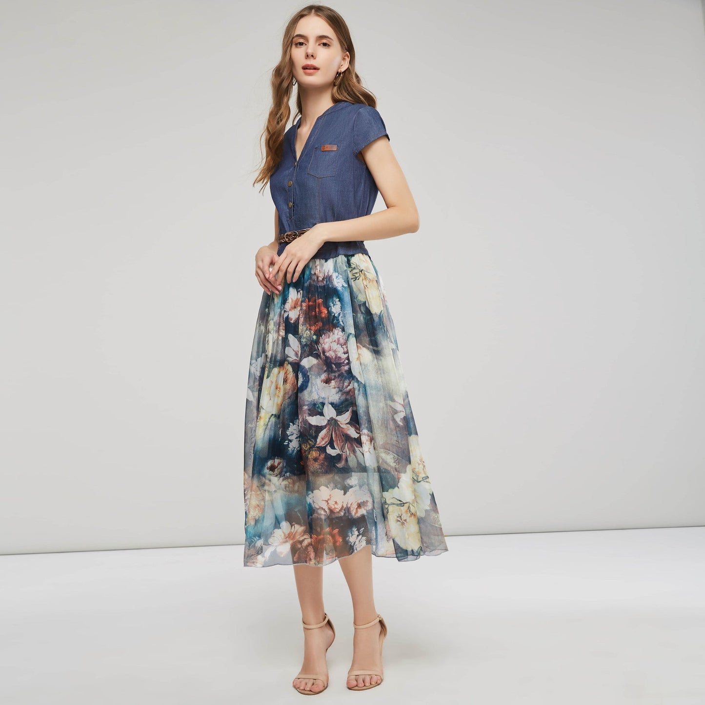 Robe longue femme – Décolleté en V – Ceinture tressée – Boutons – Tissu fluide respirant