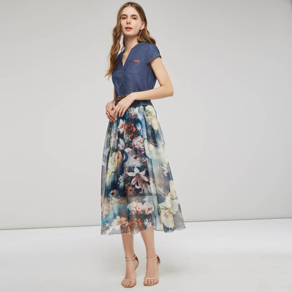 Robe longue femme – Décolleté en V – Ceinture tressée – Boutons – Tissu fluide respirant