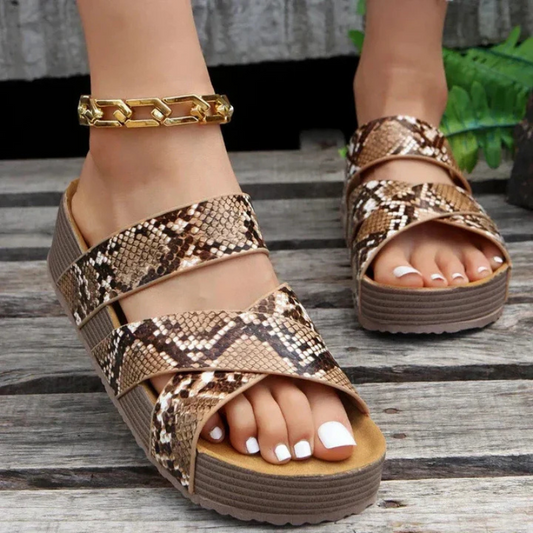 Sandales femme – Bout ouvert – Brides tressées effet reptile – Semelle épaisse confort