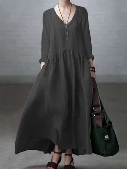 Robe longue femme – Coupe décontractée – Fibres naturelles – Manches longues – Col V