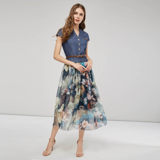 Robe longue femme – Décolleté en V – Ceinture tressée – Boutons – Tissu fluide respirant