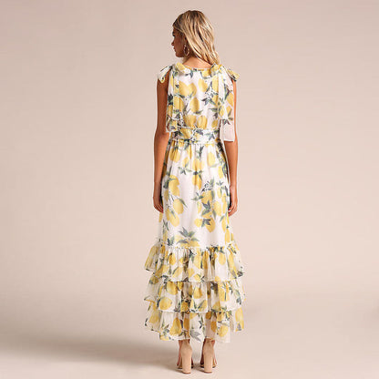 Robe longue femme – Coupe évasée – Sans manches – Ourlet à volants – Tissu respirant