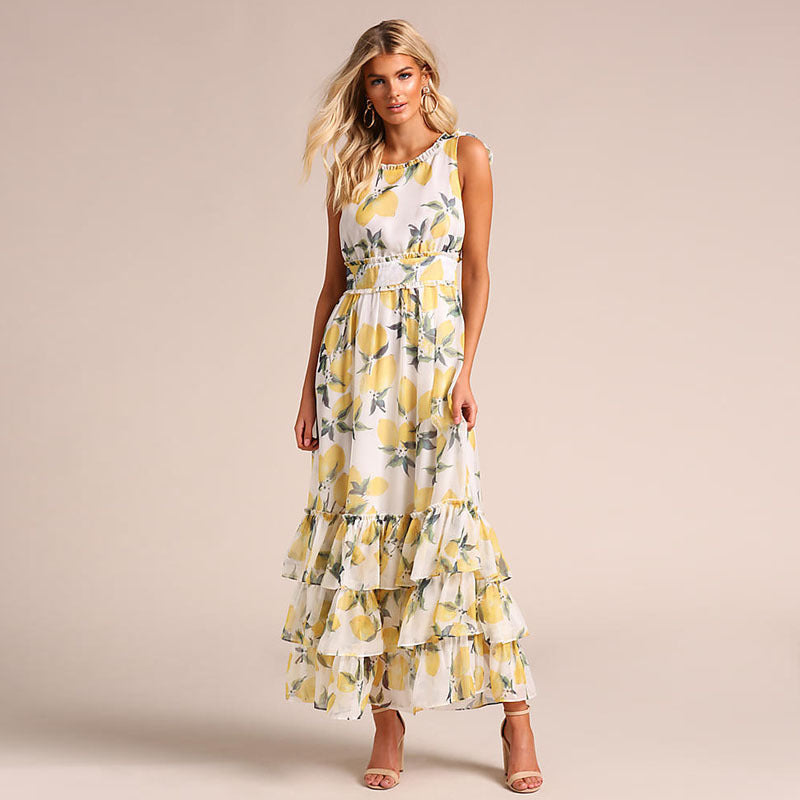 Robe longue femme – Coupe évasée – Sans manches – Ourlet à volants – Tissu respirant