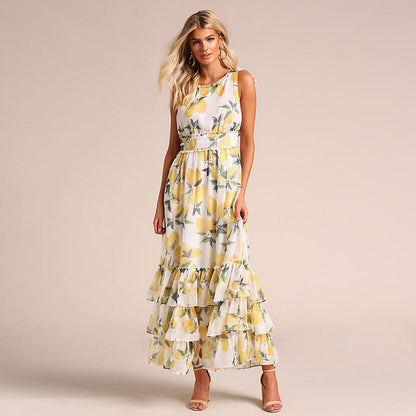 Robe longue femme – Coupe évasée – Sans manches – Ourlet à volants – Tissu respirant