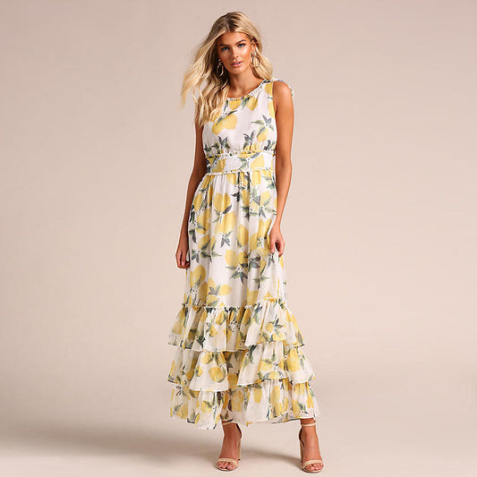 Robe longue femme – Coupe évasée – Sans manches – Ourlet à volants – Tissu respirant