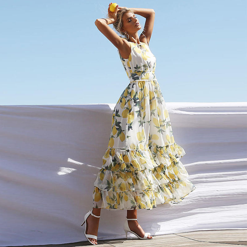 Robe longue femme – Coupe évasée – Sans manches – Ourlet à volants – Tissu respirant
