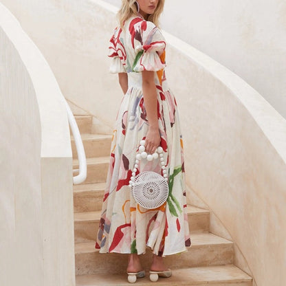 Robe longue femme – Fibres naturelles – Coupe fluide – Manches ballon – Boutons devant