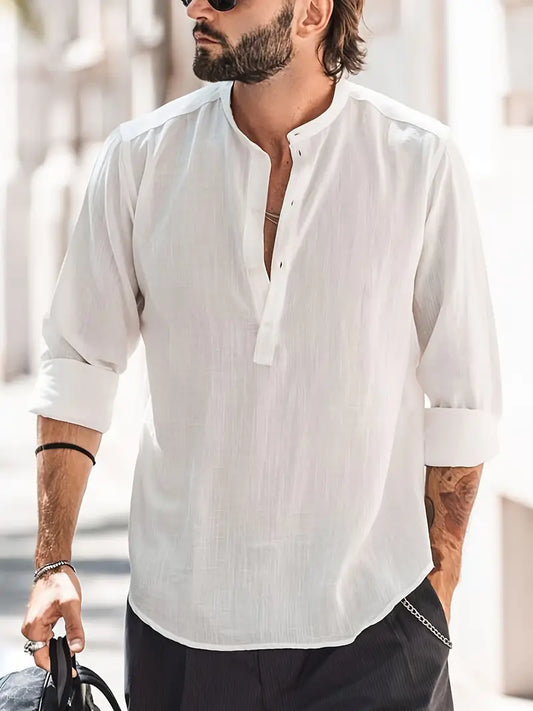 Chemise homme manches longues – Coupe décontractée – Col officier – Fibres naturelles respirantes