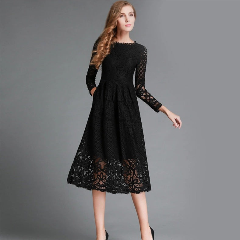 Women's midi dress – Floral lace – Long sleeves – Elegant flared cut