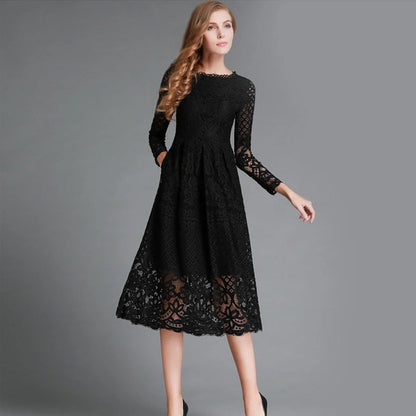 Women's midi dress – Floral lace – Long sleeves – Elegant flared cut