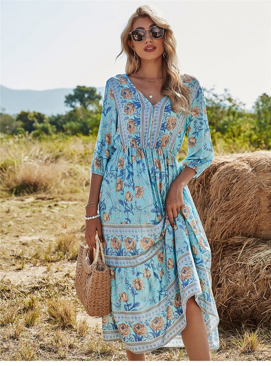 Robe midi femme – Coupe fluide – Imprimé fleuri – Encolure en V – Tissu respirant