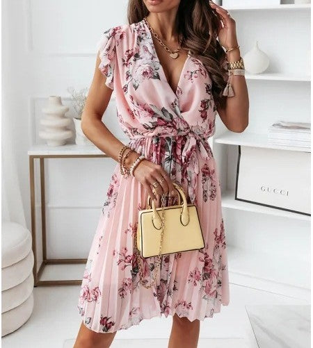 Robe femme – Coupe fluide – Imprimé fleuri – Décolleté V – Manches volantées – Ceinture nouée – Longueur midi