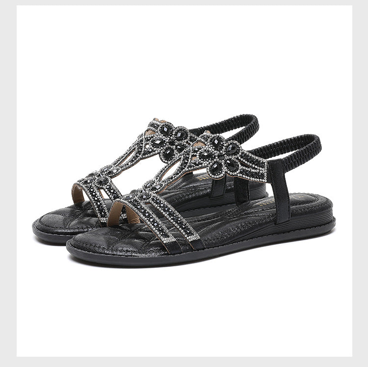 Sandales plates femme – Bout ouvert – Strass floraux – Bride arrière – Découpes élégantes