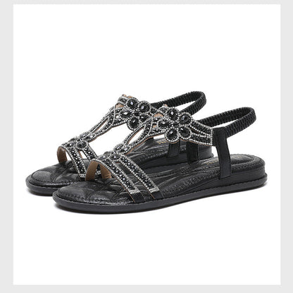 Sandales plates femme – Bout ouvert – Strass floraux – Bride arrière – Découpes élégantes
