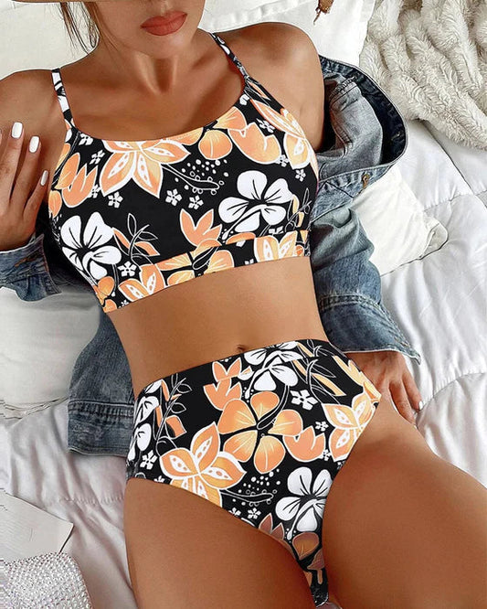Bikini femme – Taille haute – Haut style débardeur – Imprimé floral – Tissu respirant