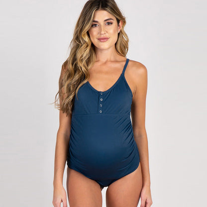 Maillot de bain grossesse femme – Coupe ajustée – Détail bouton – Tissu respirant
