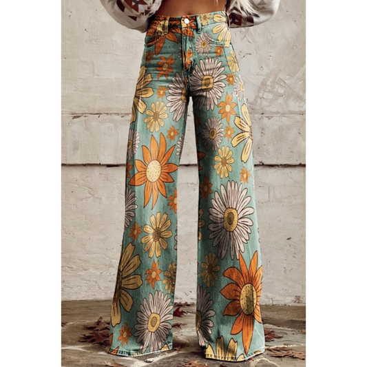 Pantalon large femme – Taille haute – Imprimé floral – Tissu respirant – Longueur totale