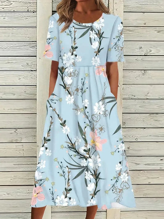 Robe mi-longue femme – Coupe fluide – Manches courtes – Imprimé fleuri – Tissu respirant
