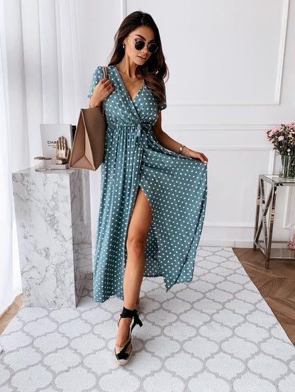 Robe portefeuille femme – Coupe fluide – Manches courtes – Fente haute – Motif à pois