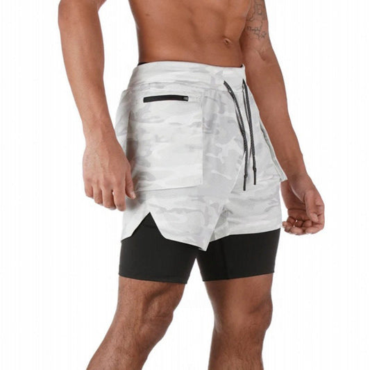 Short de sport homme – double couche – coupe ajustée – tissu respirant – poche zippée