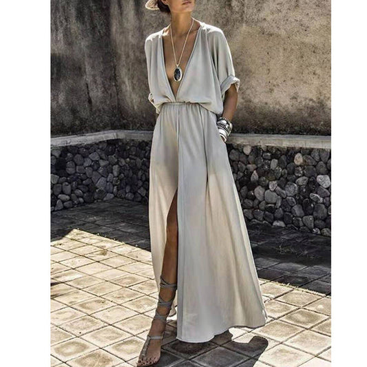 Robe femme longue – Décolleté plongeant – Fente avant – Coupe ample – Tissu léger