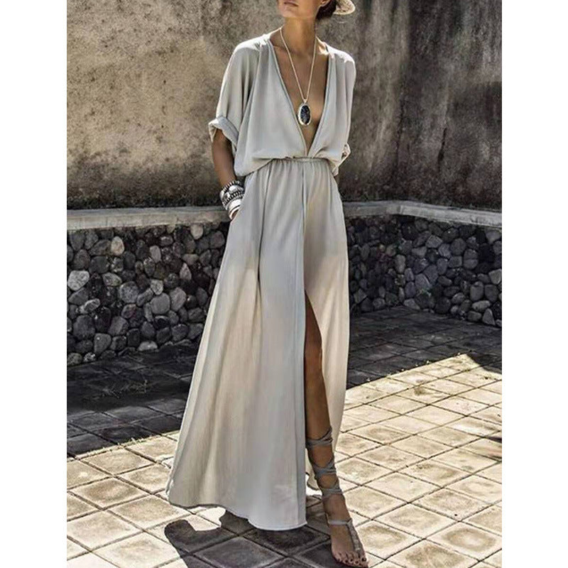 Robe femme longue – Décolleté plongeant – Fente avant – Coupe ample – Tissu léger
