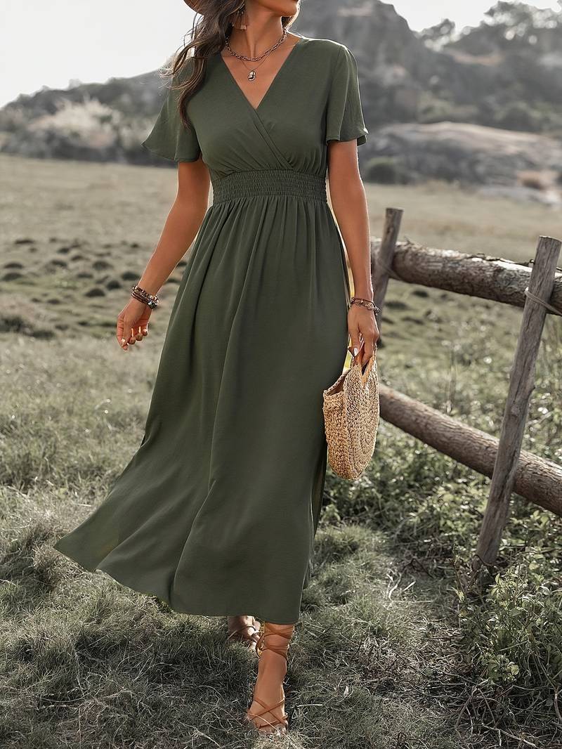 Robe midi femme – Coupe évasée – Décolleté cache-cœur – Manches courtes – Tissu fluide respirant