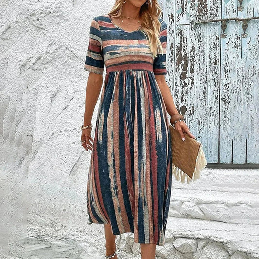 Robe midi femme – Coupe décontractée – Taille empire – Manches courtes – Tissu respirant