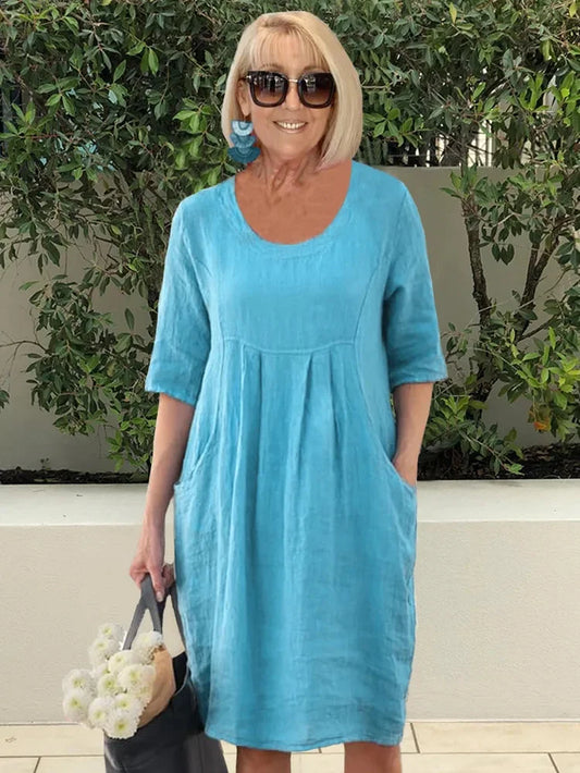 Robe midi femme – Coupe décontractée – Manches coudes – Fibres naturelles – Poches