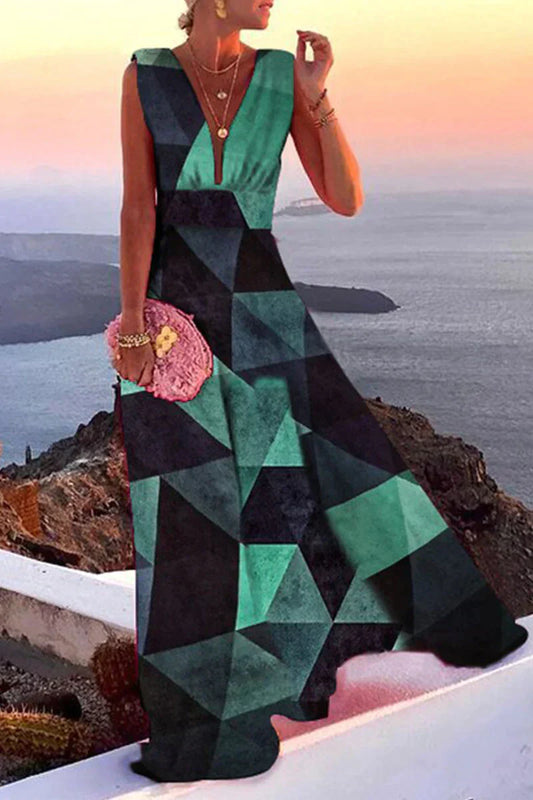 Robe longue femme – Col en V profond – Sans manches – Motif géométrique