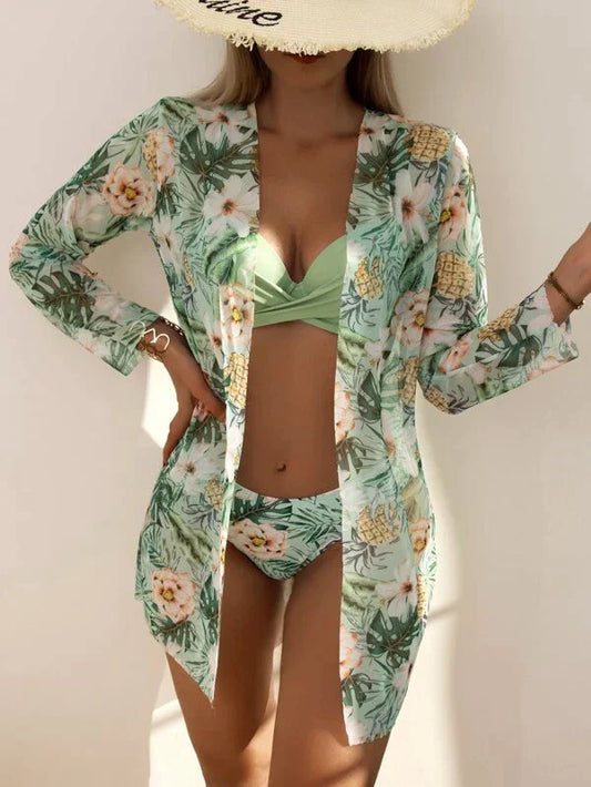 Ensemble de bikinis trois pièces pour femmes - Taille haute - Top croisé – Tissu stretch respirant