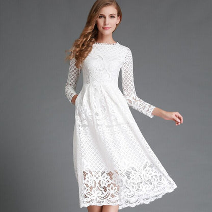 Women's midi dress – Floral lace – Long sleeves – Elegant flared cut