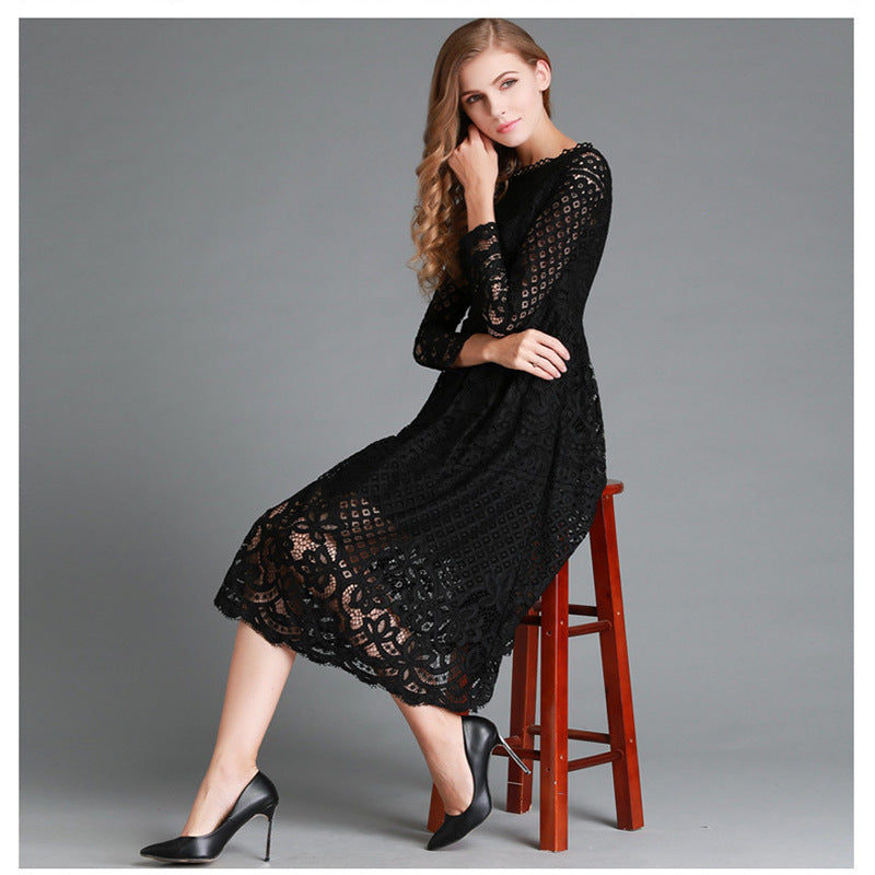 Women's midi dress – Floral lace – Long sleeves – Elegant flared cut