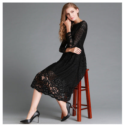 Women's midi dress – Floral lace – Long sleeves – Elegant flared cut