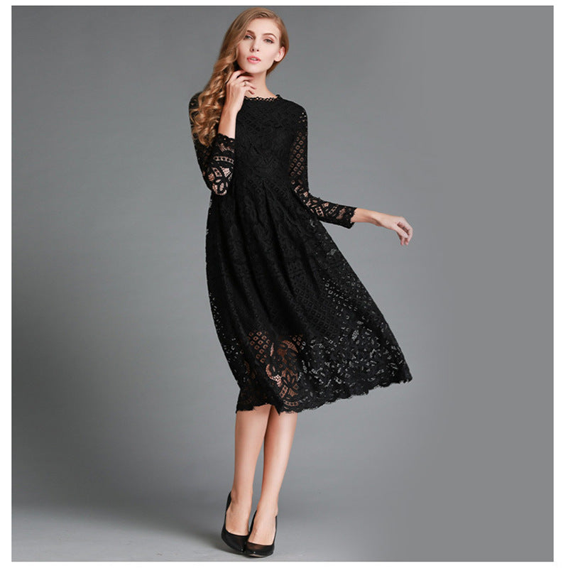 Women's midi dress – Floral lace – Long sleeves – Elegant flared cut