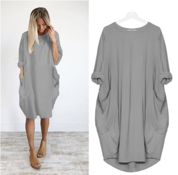 Robe midi femme – Coupe ample – Tissu respirant – Manches retroussées – Poches