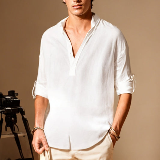 Chemise Homme Décontractée – Fibres Naturelles – Coupe Ample – Col Fin – Manches Longues