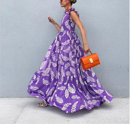 Robe longue femme – Coupe fluide – Sans manches – Volants – Imprimé fleuri