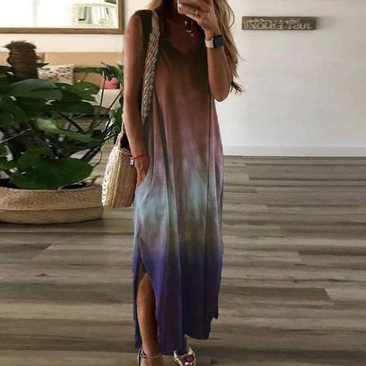 Robe longue femme – Coupe décontractée – Sans manches – Fente haute – Dégradé – Coton