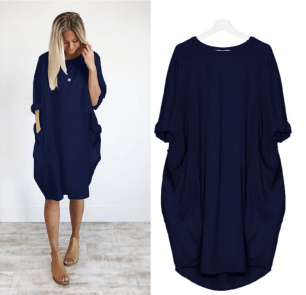 Robe midi femme – Coupe ample – Tissu respirant – Manches retroussées – Poches