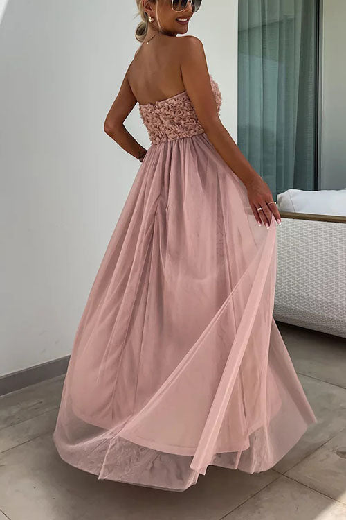 Robe longue femme – Sans bretelles – Tissu texturé – Fente haute – Coupe fluide élégante
