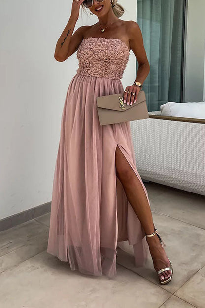 Robe longue femme – Sans bretelles – Tissu texturé – Fente haute – Coupe fluide élégante