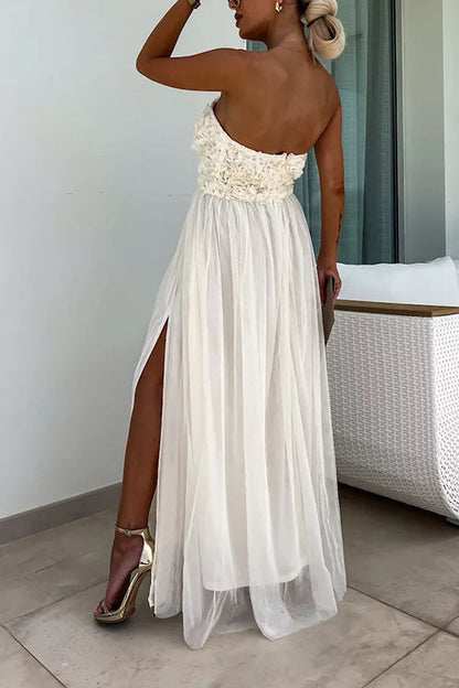 Robe longue femme – Sans bretelles – Tissu texturé – Fente haute – Coupe fluide élégante