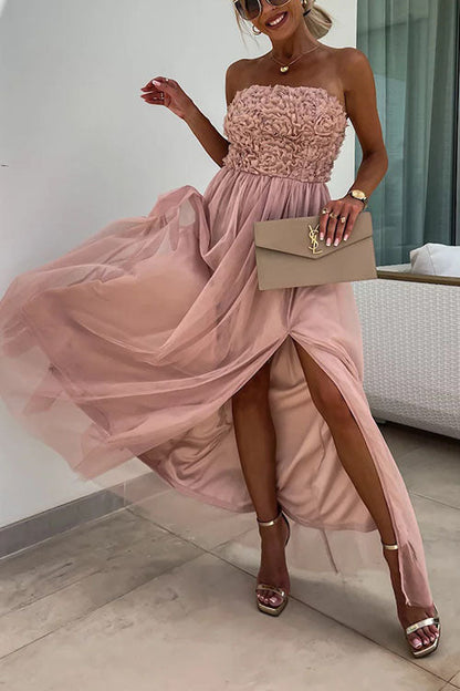 Robe longue femme – Sans bretelles – Tissu texturé – Fente haute – Coupe fluide élégante
