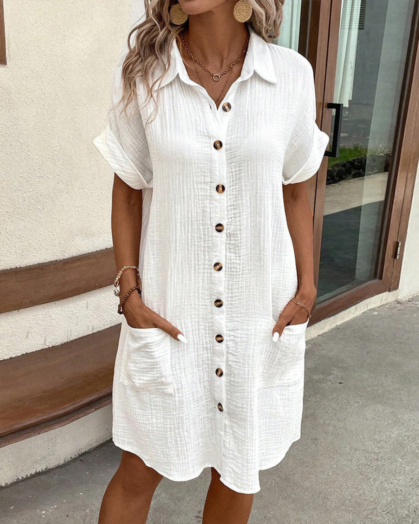 Robe chemise femme – Coupe décontractée – Tissu respirant – Manches roulées – Boutonnée